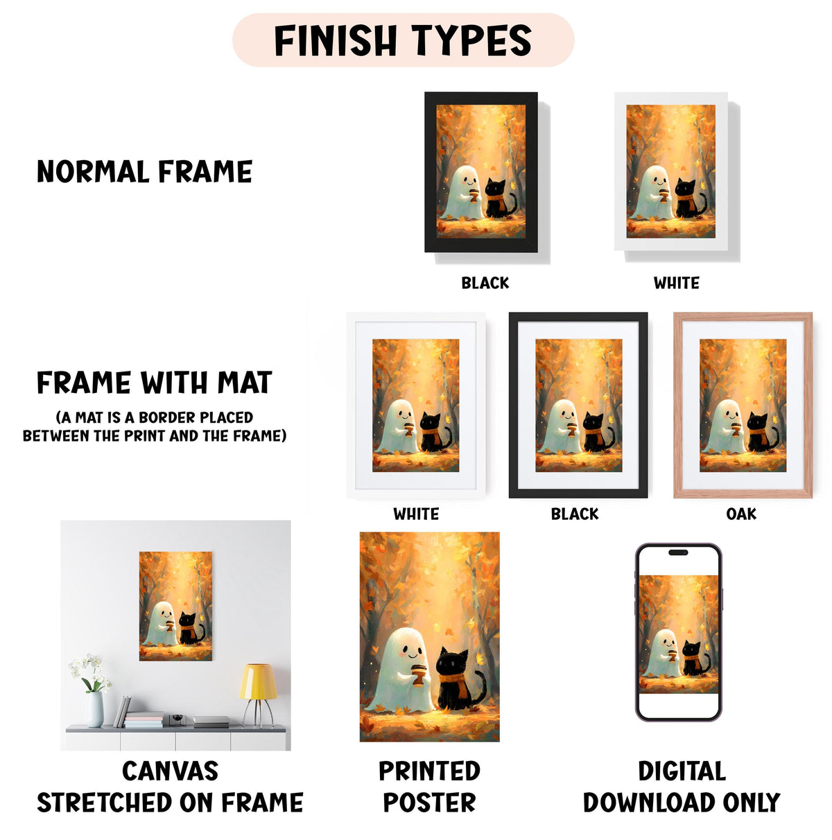various framed artworks, including a normal frame, a black frame, a white frame, a black frame, and an oak frame, all featuring the same Halloween-themed artwork of a ghost and a cat.