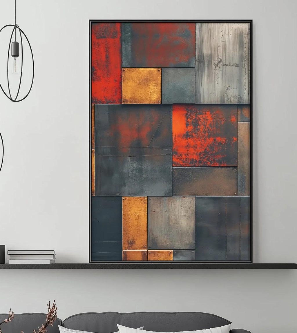 a modern living room with a gray sofa, a coffee table, and a large abstract painting on the wall above the sofa.