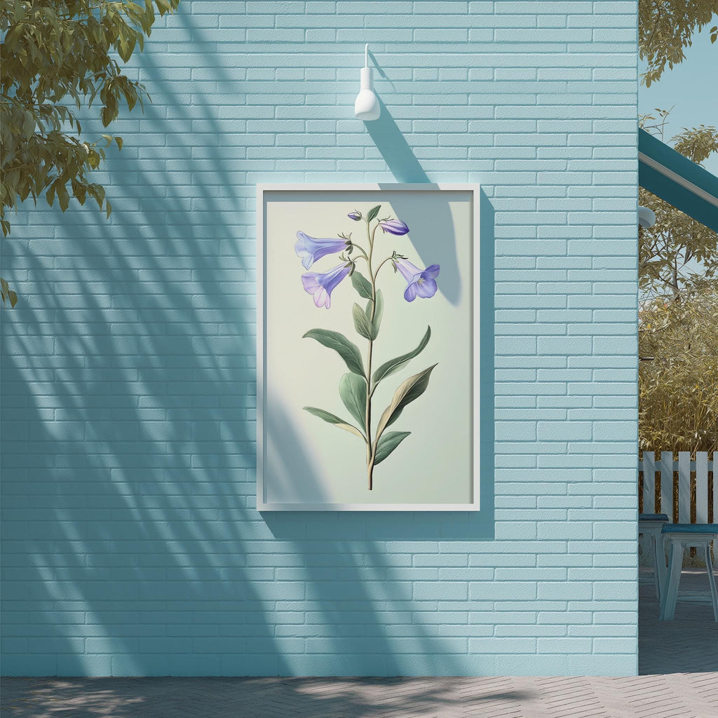 a blue brick wall with a framed illustration of a purple flower on it.
