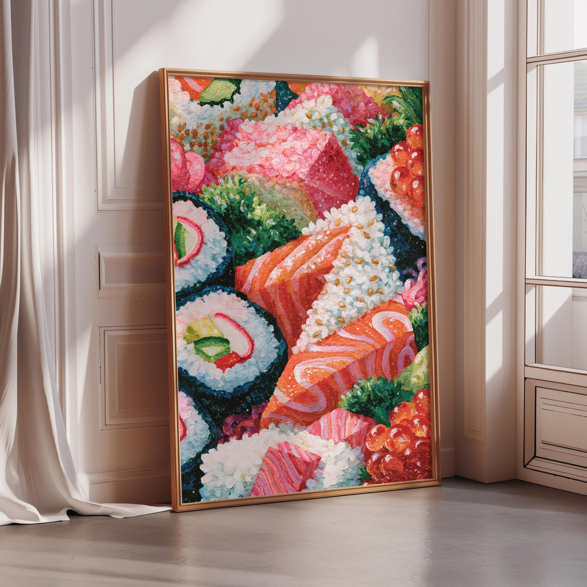 A large framed painting depicting an assortment of colorful sushi rolls and other Japanese cuisine items.