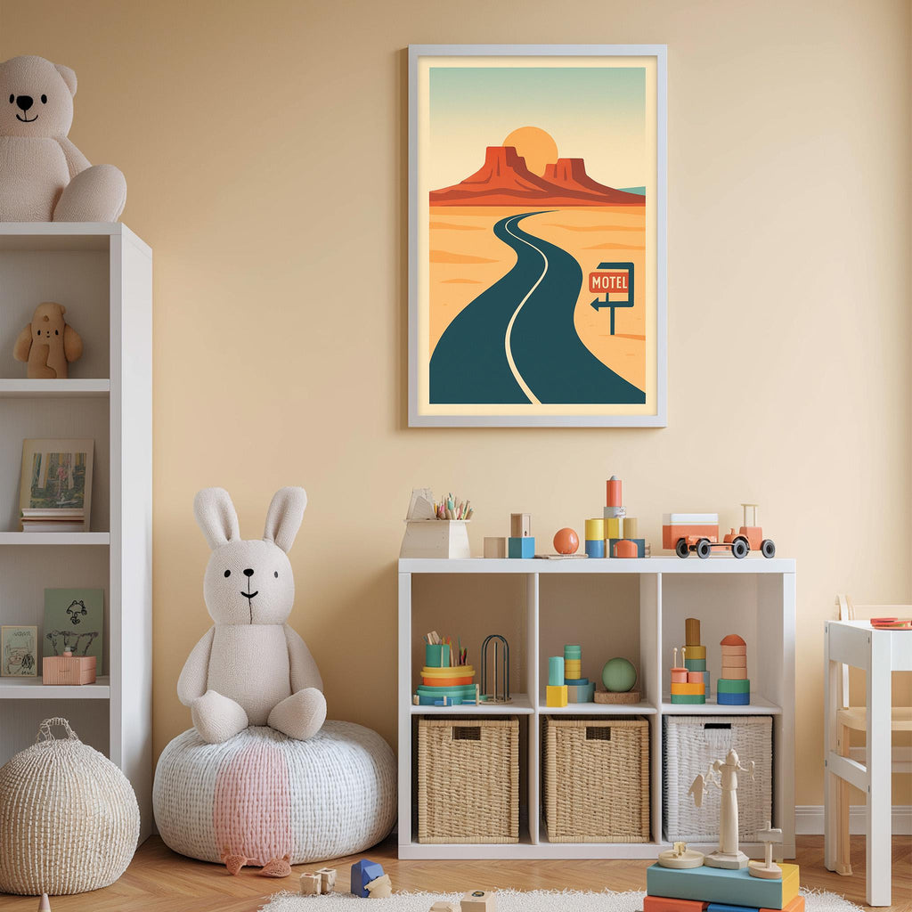 A cozy children's room with a large stuffed rabbit, a bookshelf filled with toys, and a framed poster of a desert road with a motel sign.