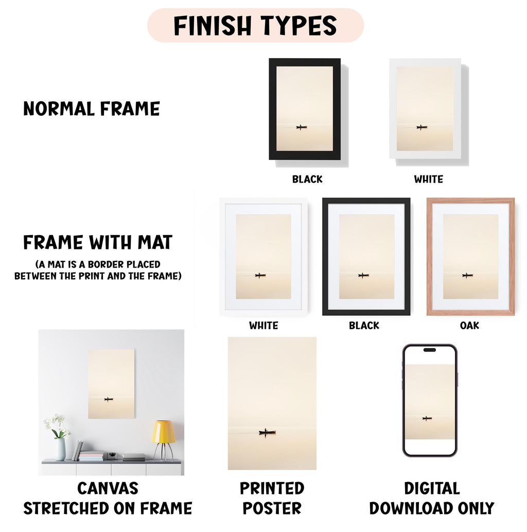 various finish types for framed artwork, including a normal frame, a frame with a mat, a white frame, a black frame, an oak frame, a white canvas stretched on a frame, a printed poster, and a digital download only.