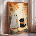 The image is a framed illustration depicting a ghost and a black cat in a forest setting with autumn leaves.