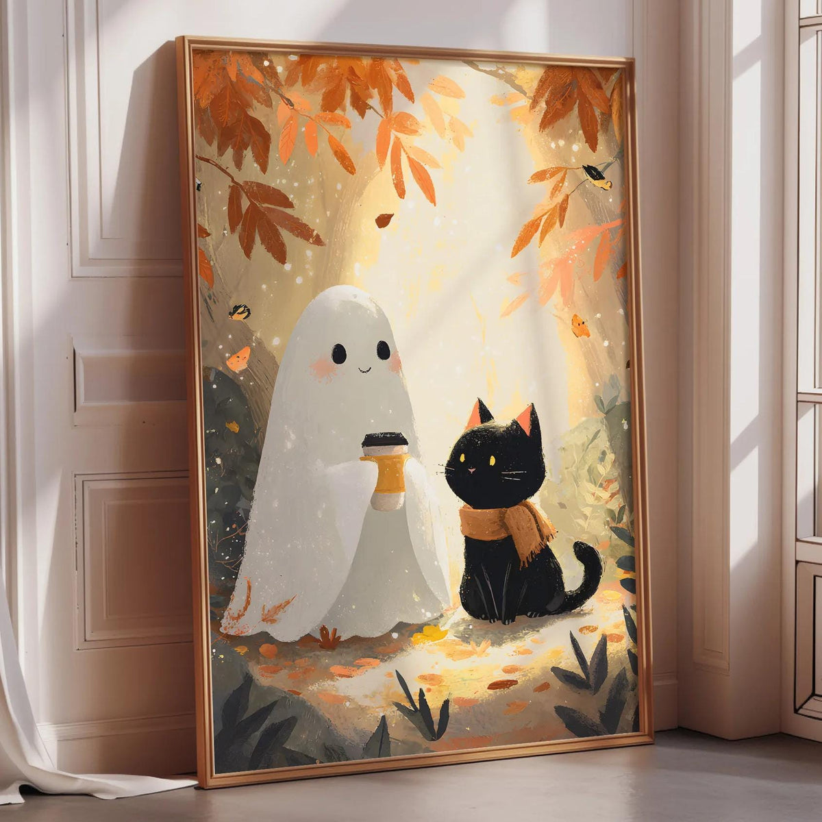 The image is a framed illustration depicting a ghost and a black cat in a forest setting with autumn leaves.