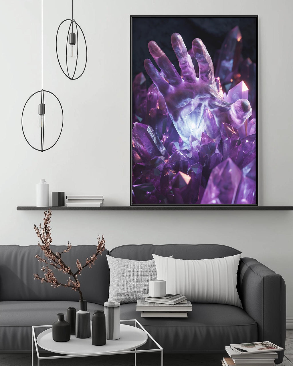 a large, vibrant, and colorful painting of a hand surrounded by purple crystals, hanging on a wall above a gray couch in a modern living room setting.