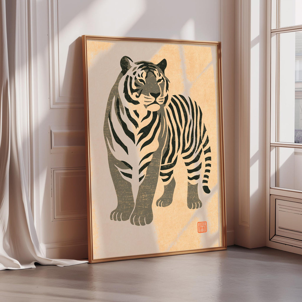 a large framed poster of a tiger, which is leaning against a wall.
