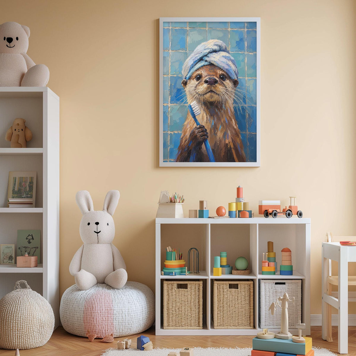 A child's bedroom with a white bookshelf, a stuffed rabbit, and a framed painting of an otter brushing its teeth.