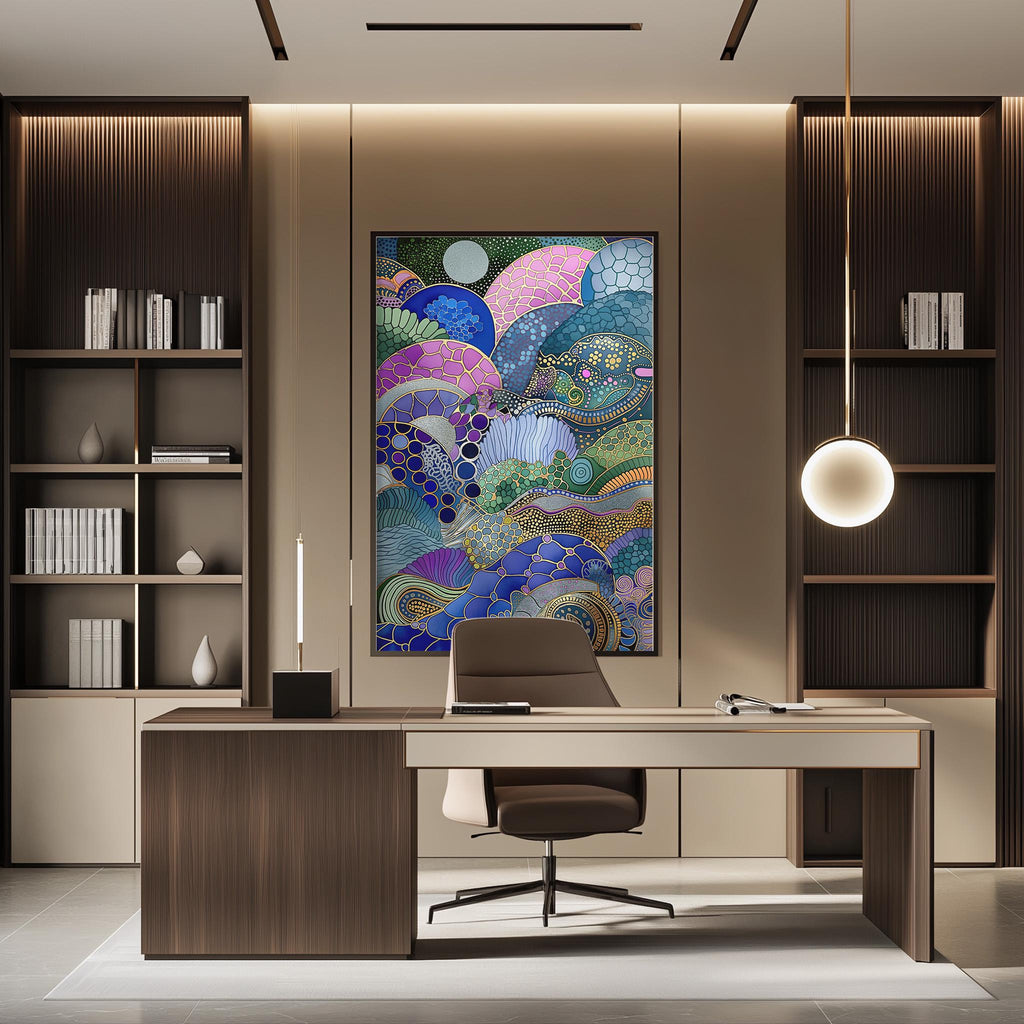 a modern and stylish office space with a large abstract painting on the wall, a wooden desk with a chair, and built-in bookshelves.