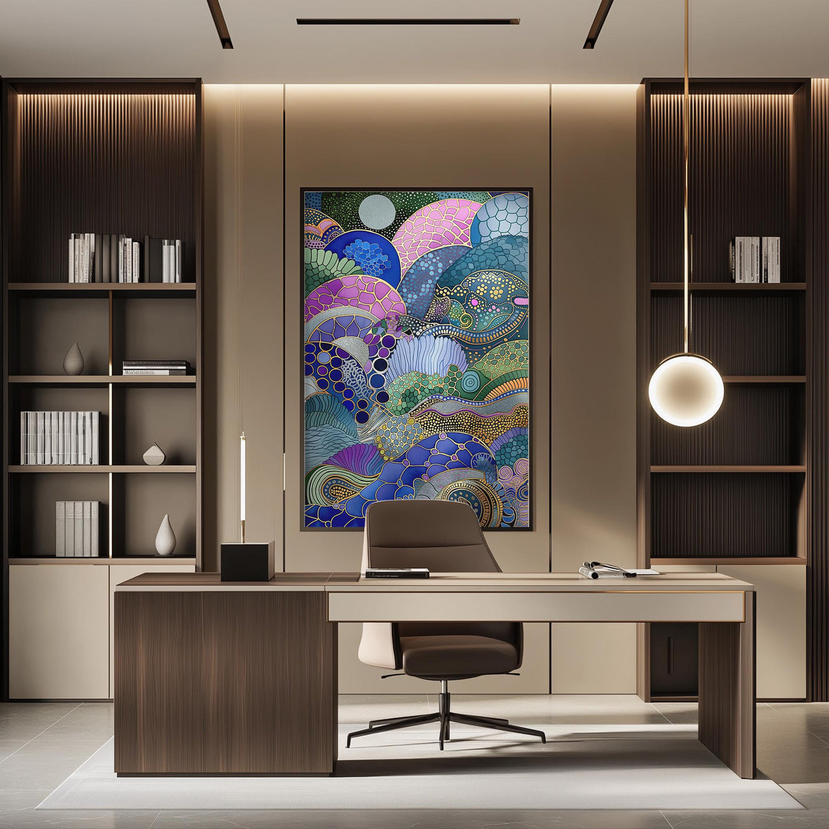 a modern and stylish office space with a large abstract painting on the wall, a wooden desk with a chair, and built-in bookshelves.