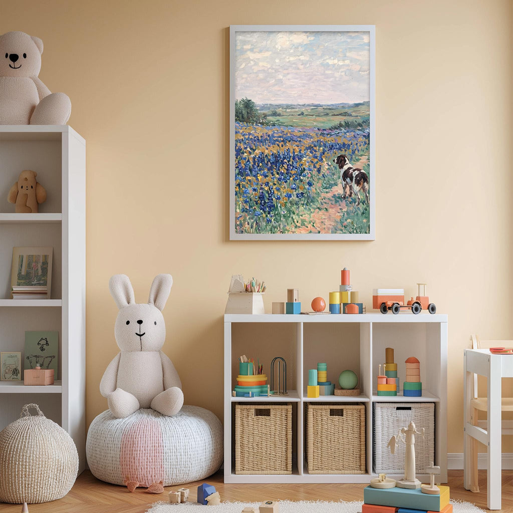 A cozy children's room with a large stuffed bunny, a bookshelf, and a toy chest filled with toys. The walls are painted a light peach color, and a framed painting of a field with a dog is displayed above the bookshelf.