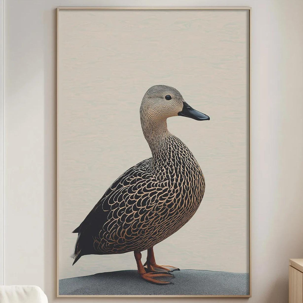 a large framed picture of a duck on a wall in a living room.