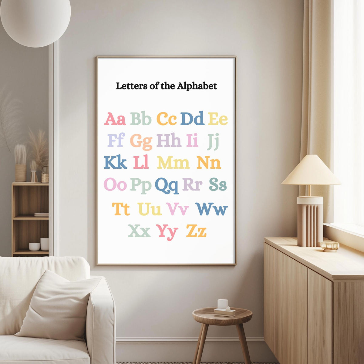 a poster of the alphabet hanging on a wall in a living room.