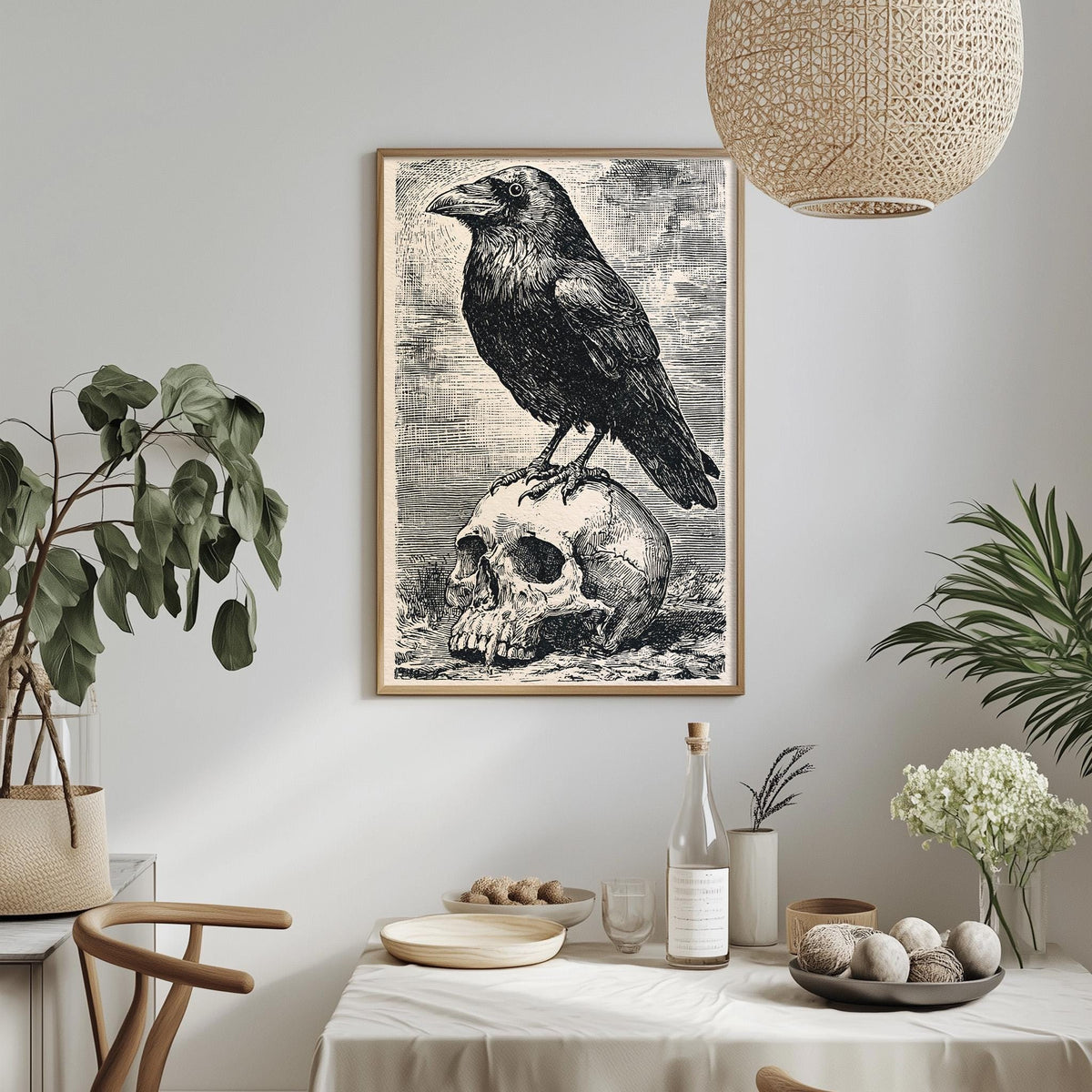 a framed illustration of a black bird perched on a skull, which is hanging on a wall above a table with various items on it.
