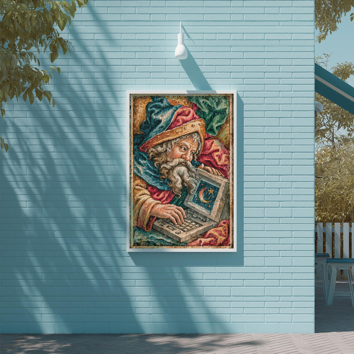 a colorful mosaic artwork depicting a bearded man with a laptop, set against a blue brick wall.