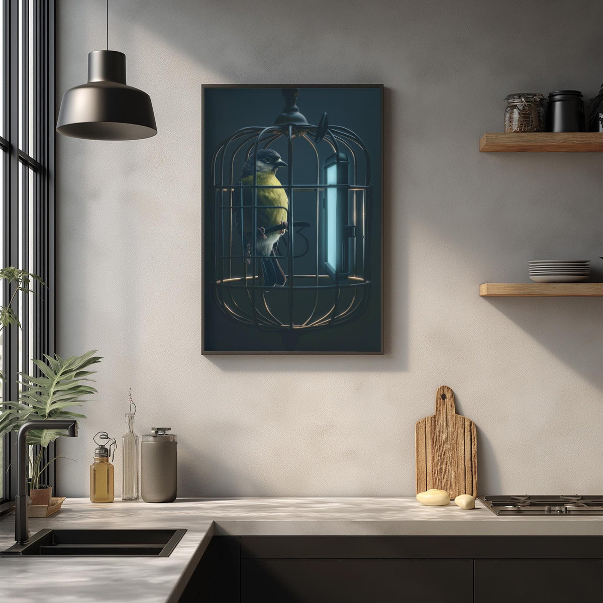 a kitchen scene with a bird in a cage, a wooden cutting board, and various kitchen items such as a sink, a bottle, and a vase.