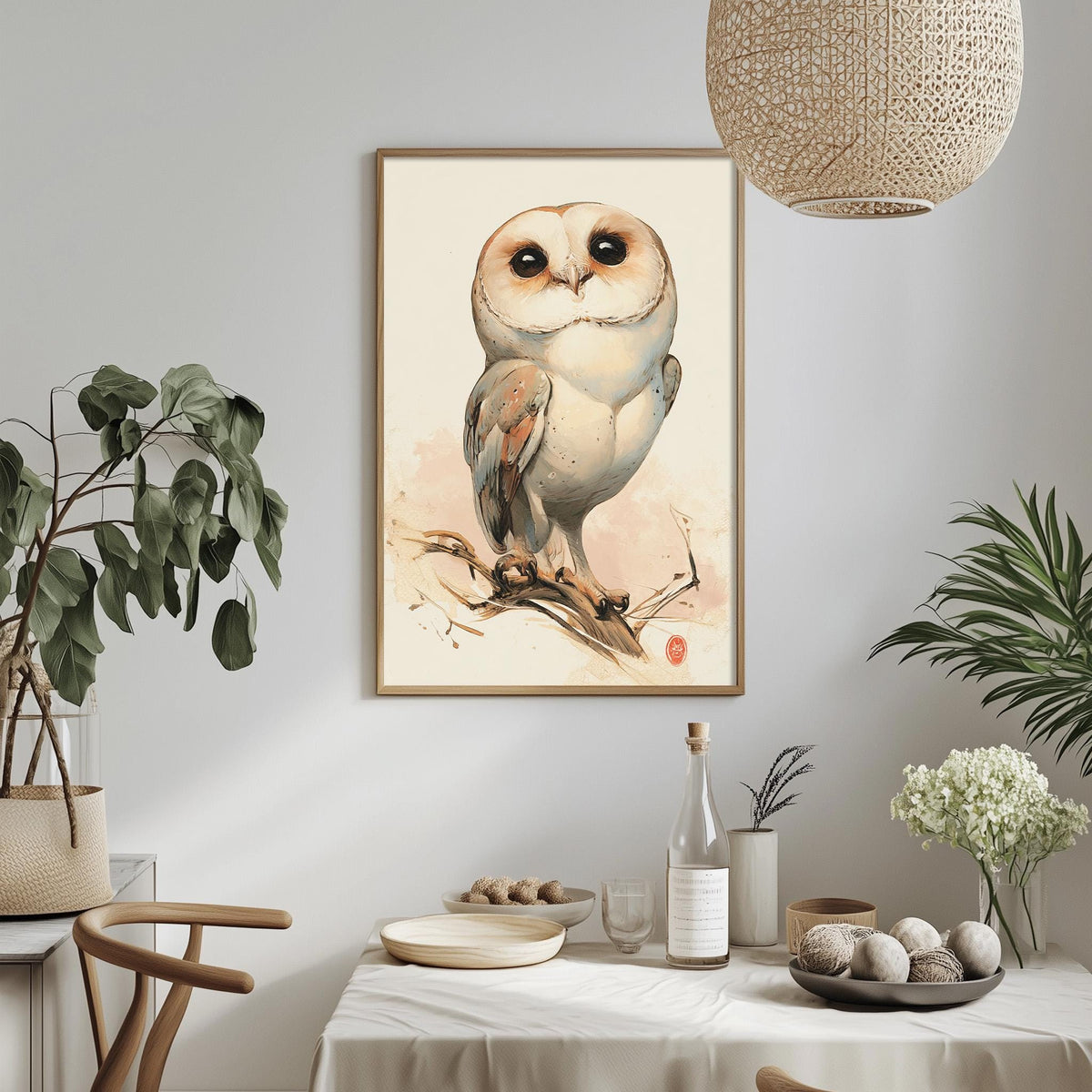 a framed painting of a white owl perched on a branch, hanging on a wall above a dining table with various decorative items and plants.