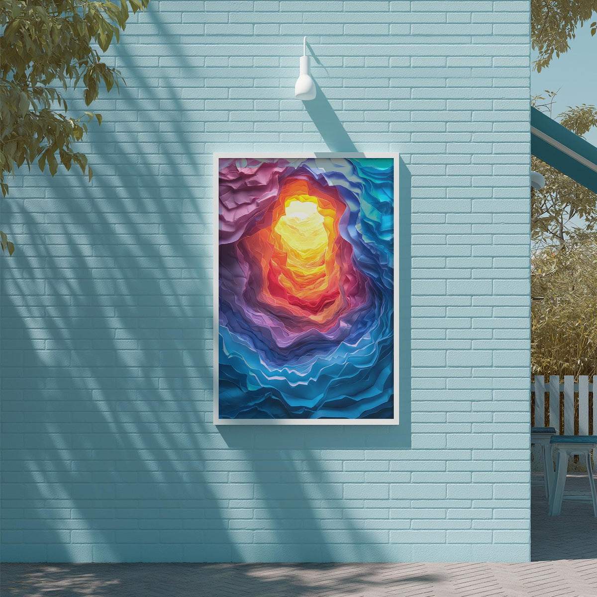 a vibrant abstract painting hanging on a light blue brick wall.