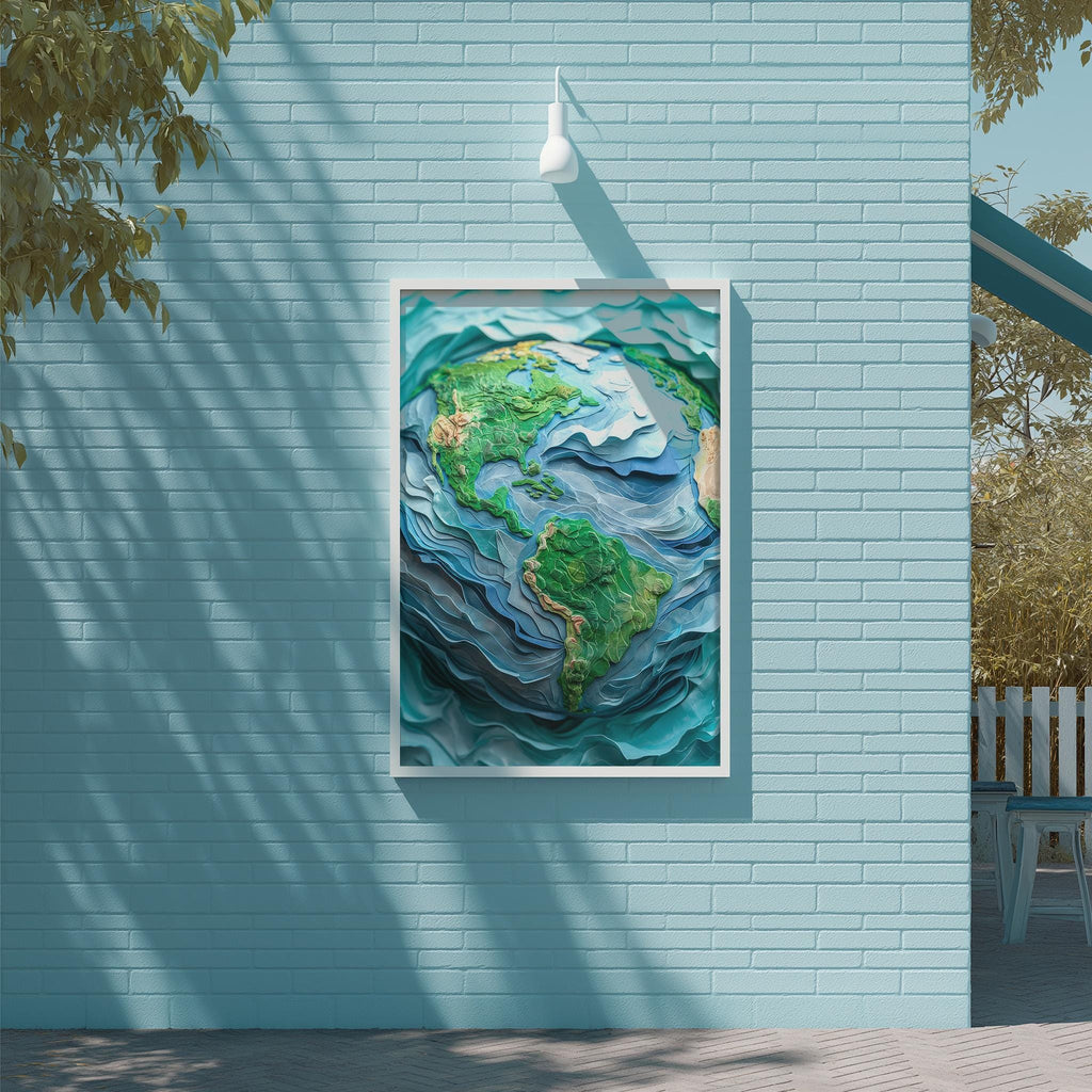 a large, colorful painting of the Earth hanging on a light blue brick wall.