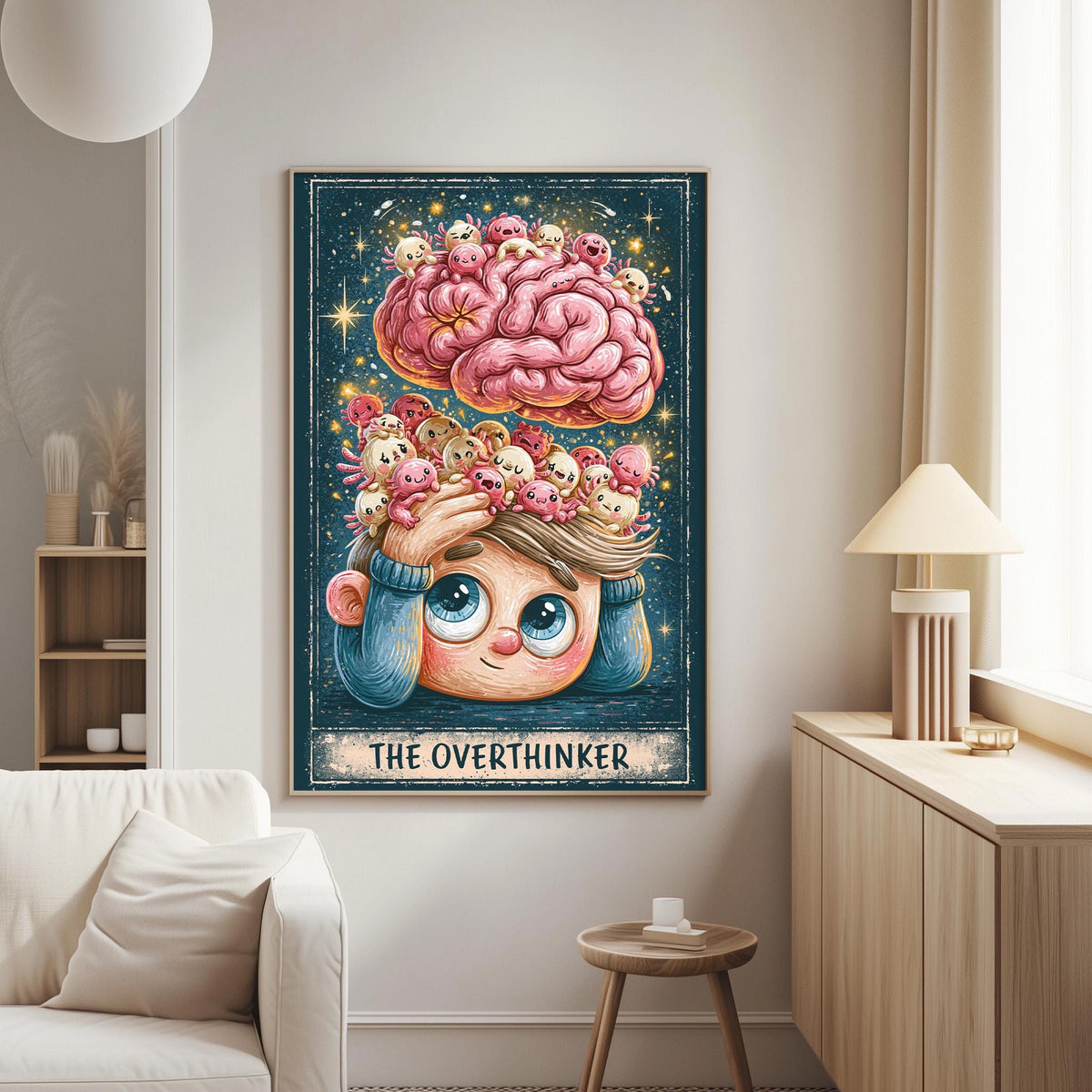 a poster of a cartoon character with a pink brain and a whimsical, imaginative design.