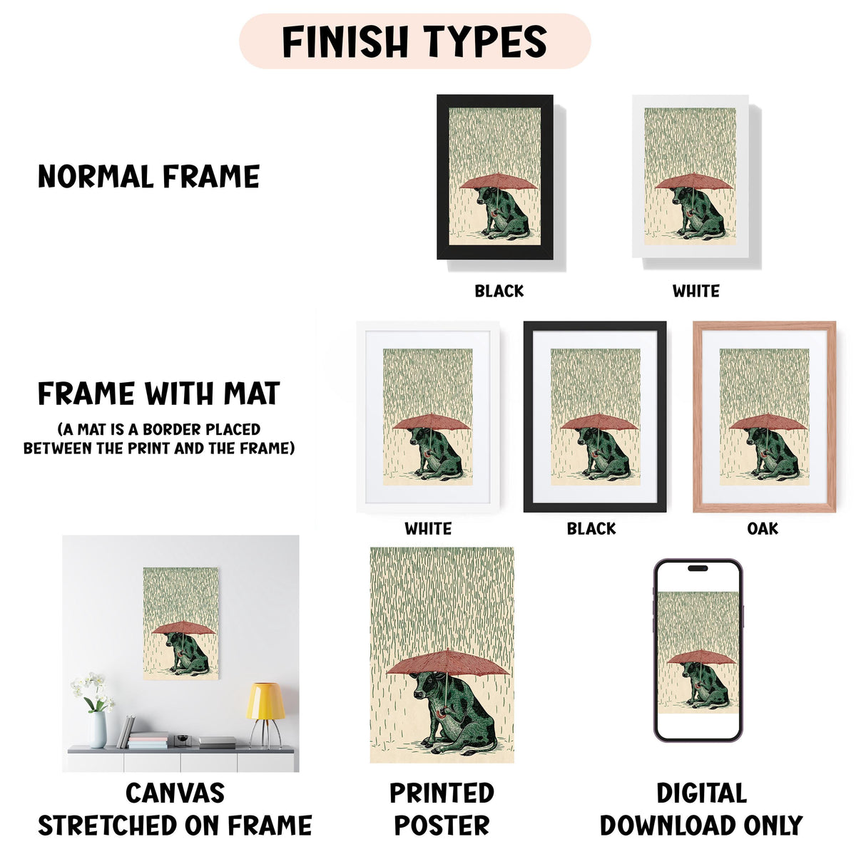 various framed artworks depicting a dog sitting under an umbrella, with different frame colors and styles.