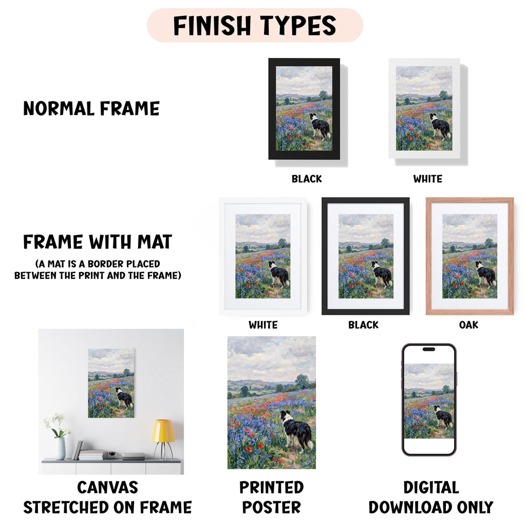 various finish types for a painting of a field with a dog, including a normal frame, a frame with a mat, a white frame, a black frame, a black frame, an oak frame, a white frame, a black frame, a printed poster, and a digital download only.
