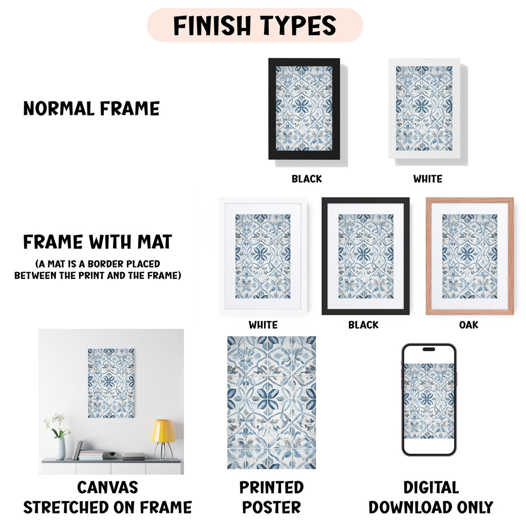 various finish types for framed artwork, including a normal frame, a black frame, a white frame, a black frame, an oak frame, a white canvas stretched on a frame, a printed poster, and a digital download only.