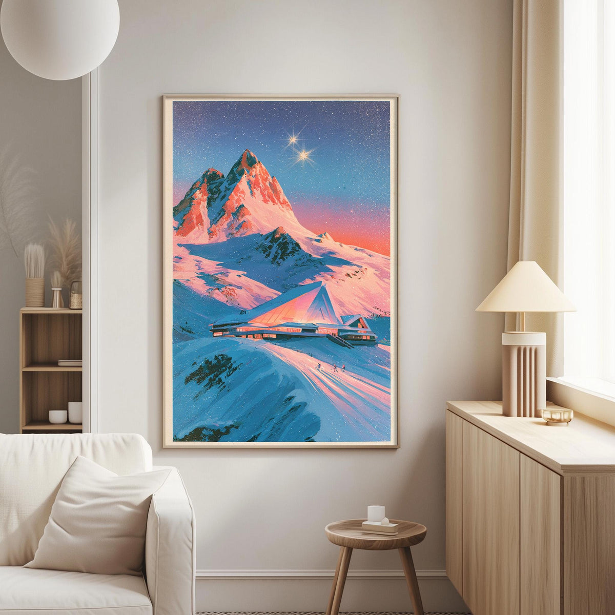 a large, colorful painting of a snowy mountain landscape with a ski lodge in the foreground. The painting is hung on a wall in a living room setting, with a white couch and a wooden side table visible in the background.