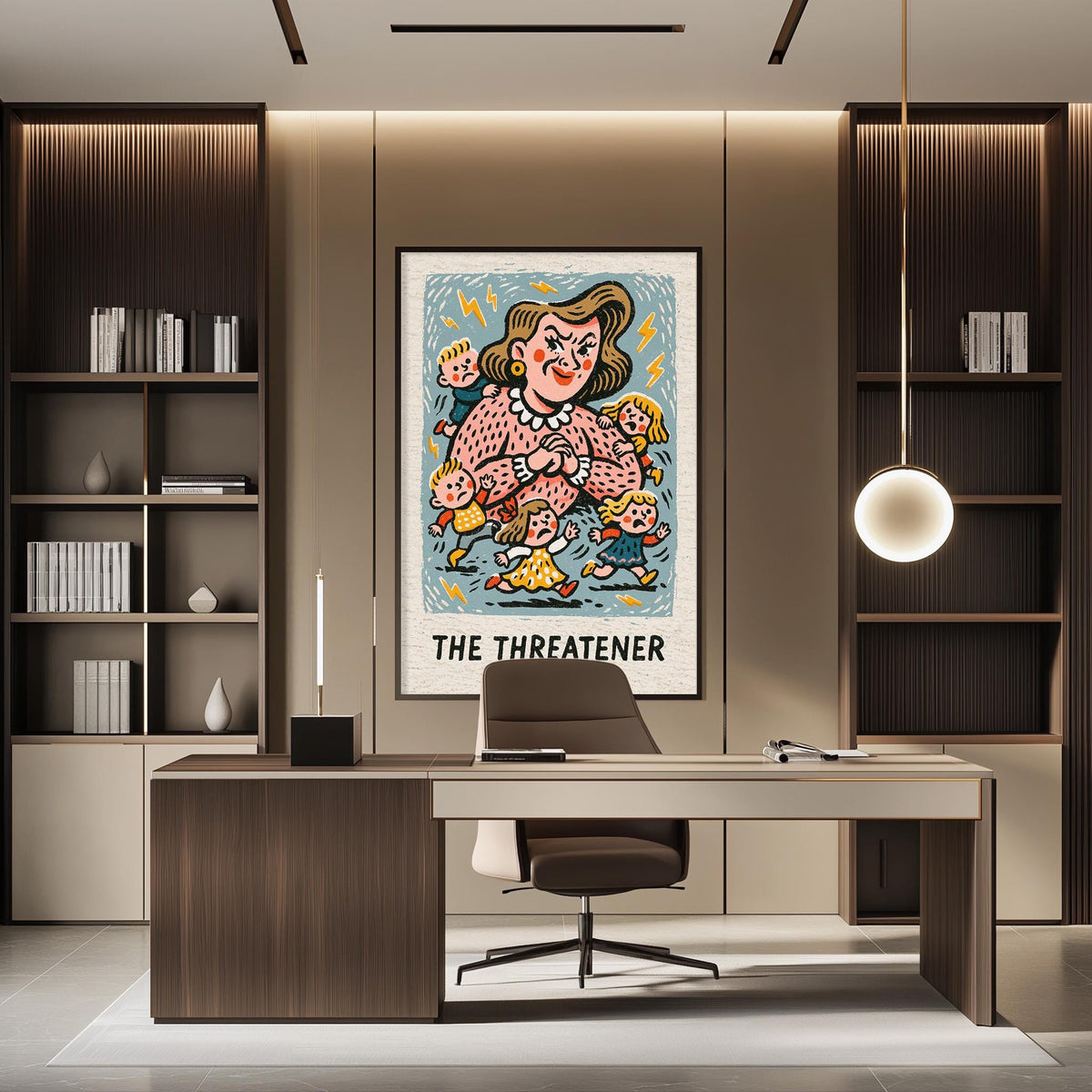 a modern office space with a large framed poster of a cartoon character on the wall, a desk with a chair, and a bookshelf filled with books.