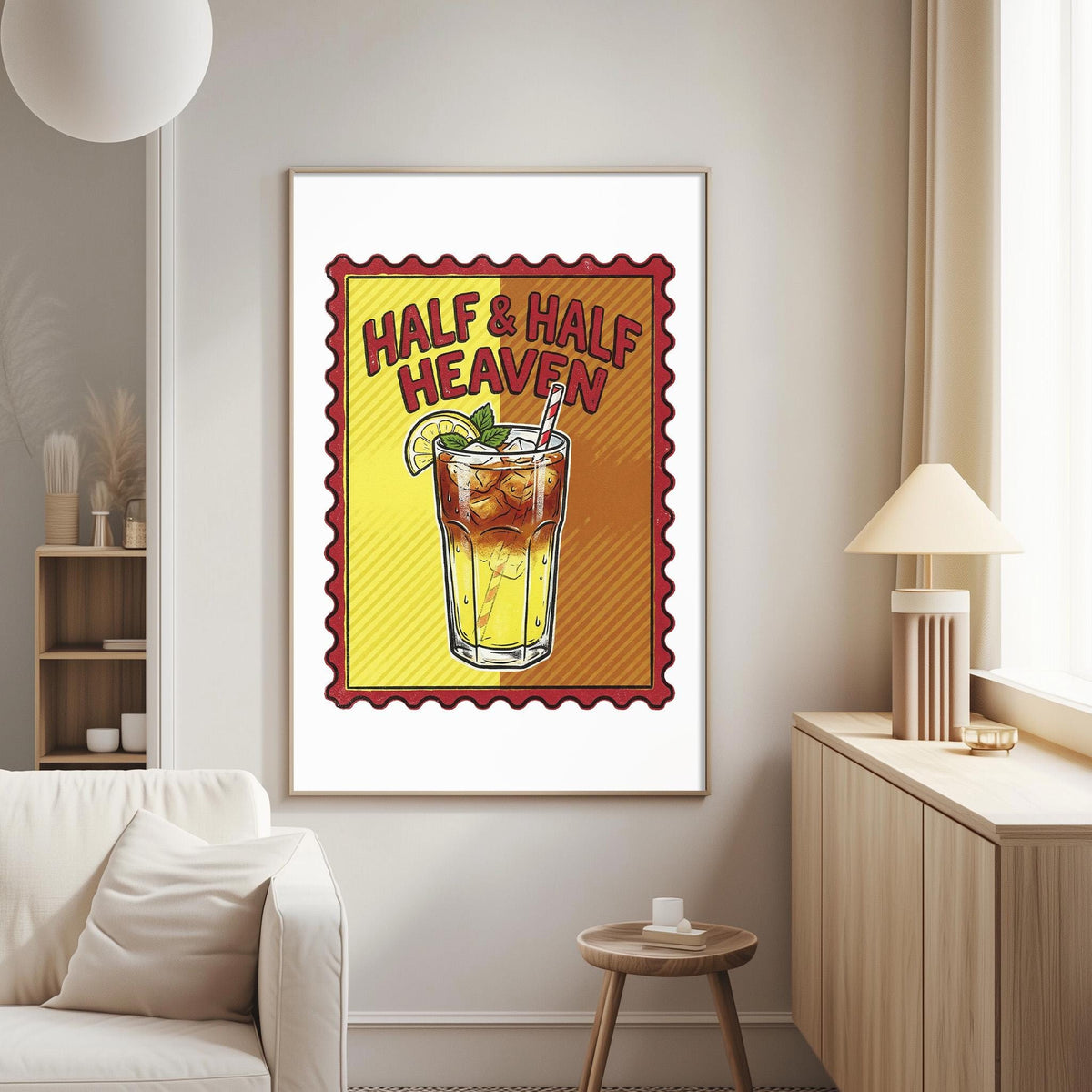 a framed poster with a vibrant illustration of a glass of iced tea, accompanied by the text "Half & Half Heaven".