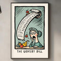 a kitchen counter with various items such as a cutting board, a sink, and a potted plant. Above the counter, there is a framed illustration depicting a woman with a grocery list, and the text "THE GROCERY BILL" is written below the illustration.
