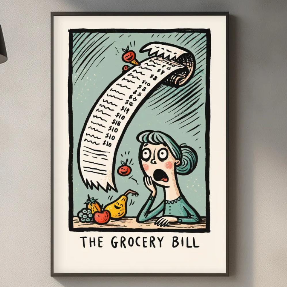 a kitchen counter with various items such as a cutting board, a sink, and a potted plant. Above the counter, there is a framed illustration depicting a woman with a grocery list, and the text "THE GROCERY BILL" is written below the illustration.