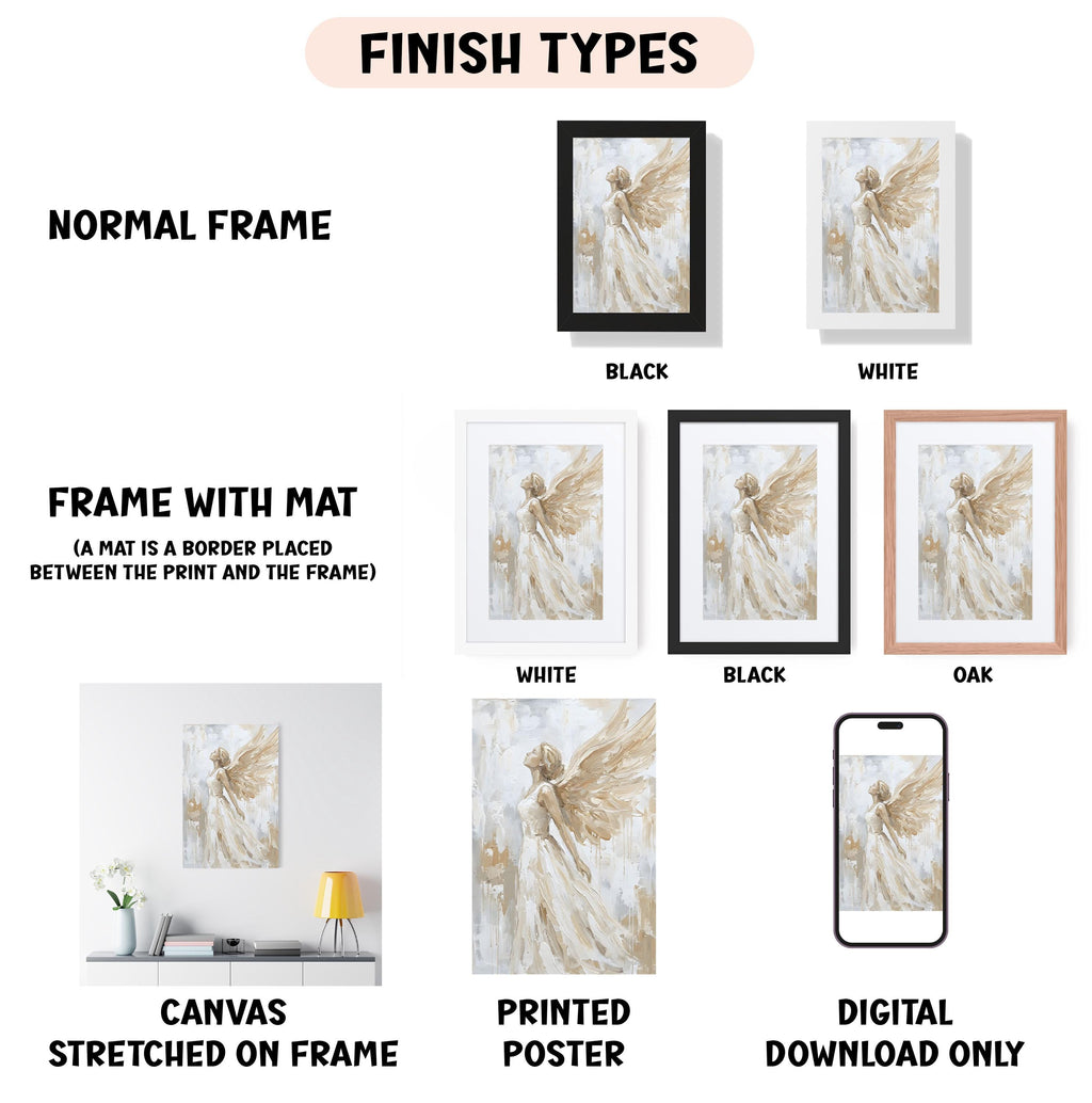various finish types for artwork, including a normal frame, a frame with a mat, a white frame, a black frame, a white frame, a black frame, an oak frame, a printed poster, and a digital download only.