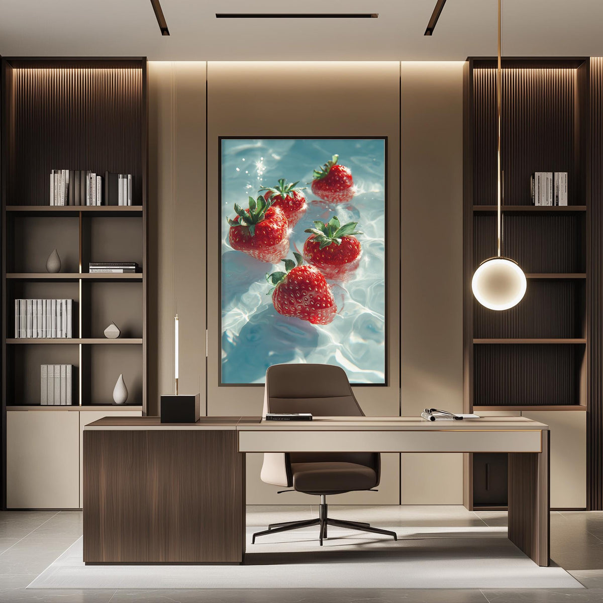a modern office space with a large framed artwork of strawberries in water hanging on the wall. The artwork is positioned above a desk with a chair in front of it. The office also features built-in bookshelves and a pendant light, creating a stylish and functional workspace.