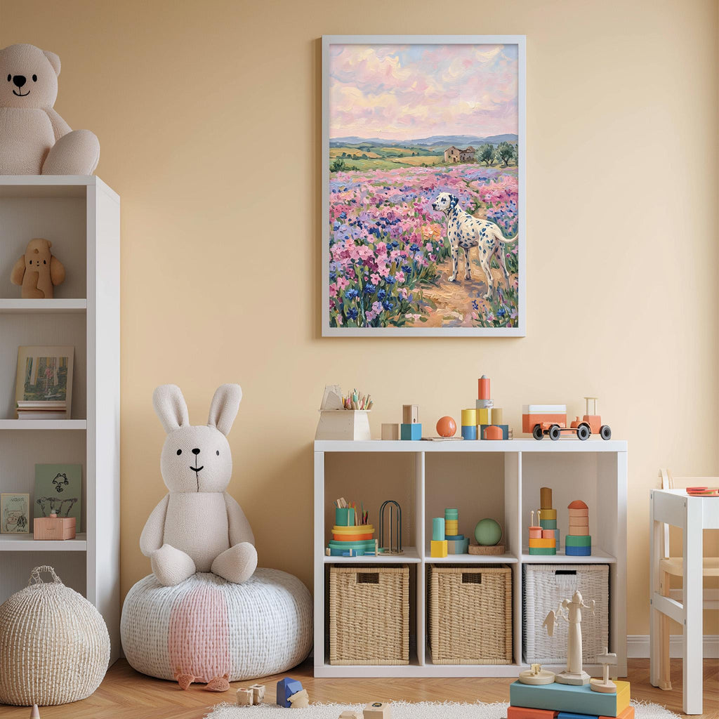 A cozy children's room with a large stuffed bunny, a bookshelf, and a toy chest filled with toys. A framed painting of a field with flowers hangs on the wall, and a toy train is visible on the shelf.