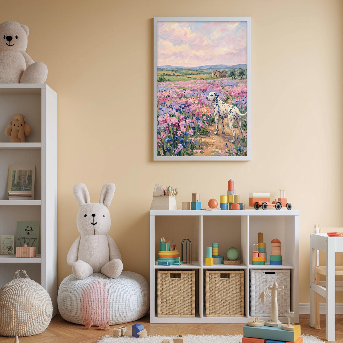 A cozy children's room with a large stuffed bunny, a bookshelf, and a toy chest filled with toys. A framed painting of a field with flowers hangs on the wall, and a toy train is visible on the shelf.