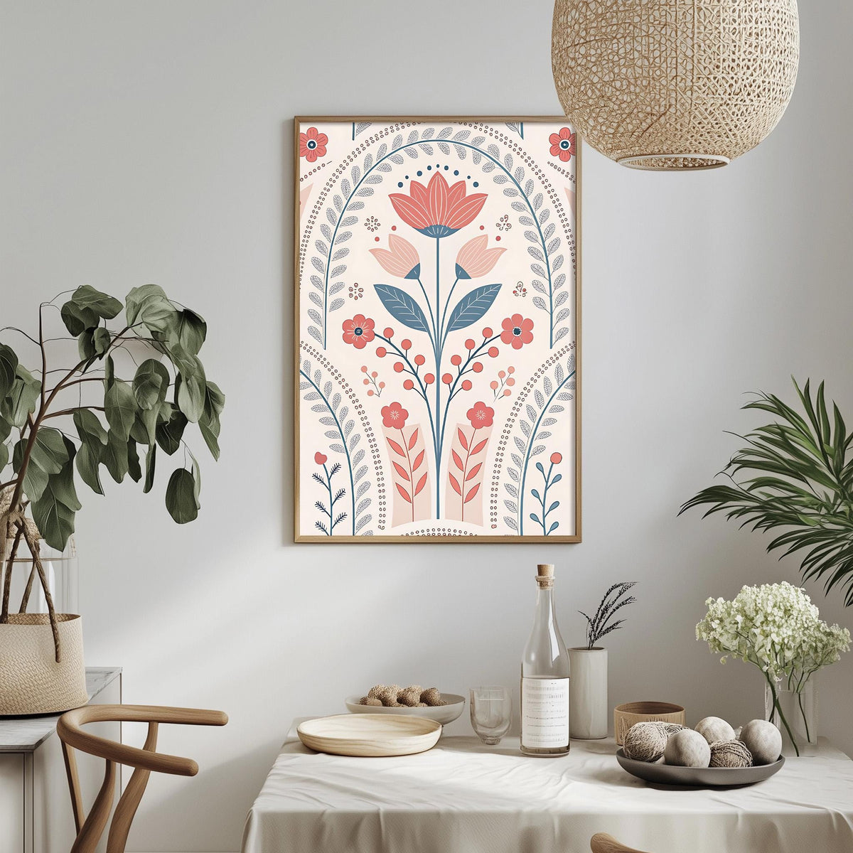 a dining table with a white tablecloth, a bowl of fruit, a bottle, and a vase with flowers. Above the table, there is a framed print of a floral design with pink and blue flowers and leaves.