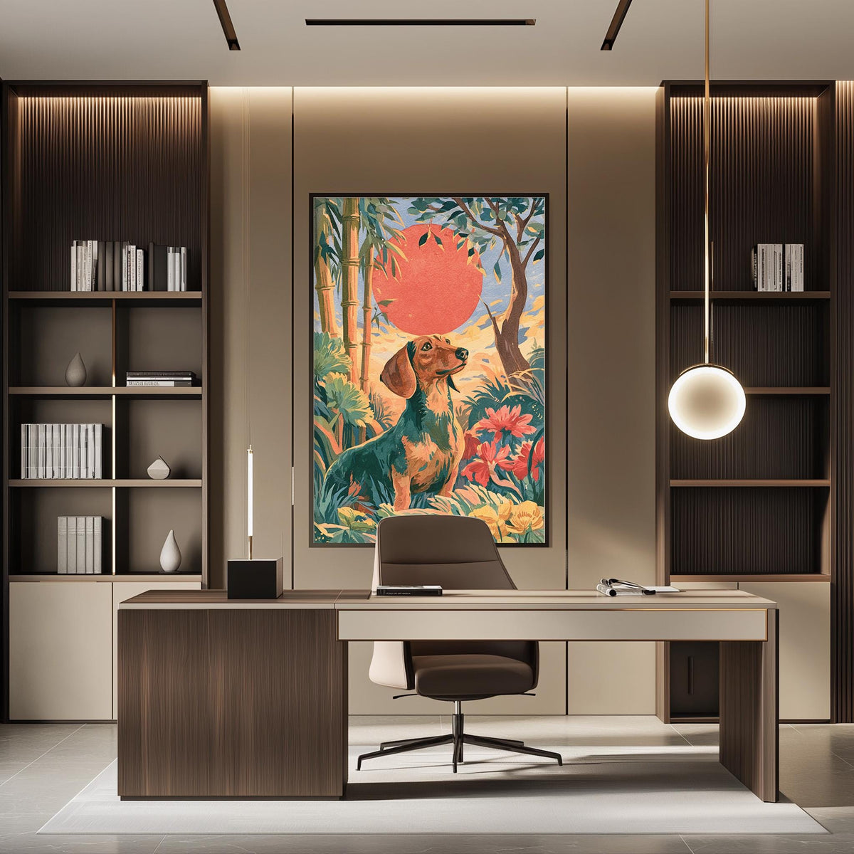 a modern office space with a large painting of a dog in a tropical setting hanging on the wall. The office has a wooden desk, a comfortable chair, and a bookshelf filled with books. The overall design and decor create a pleasant and inviting atmosphere.