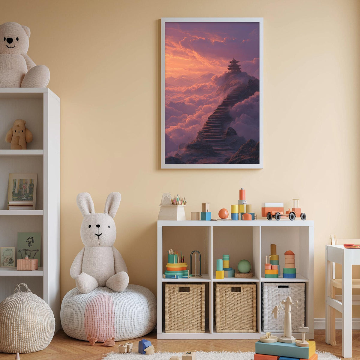 A cozy children's room with a teddy bear, a bookshelf, and a toy chest filled with toys. The room has a warm, inviting atmosphere, with a framed picture of a mountain landscape hanging on the wall.