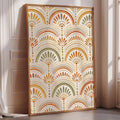 a large, framed poster with a repeating pattern of colorful, decorative elements, such as flowers or leaves, arranged in a visually striking and symmetrical design.