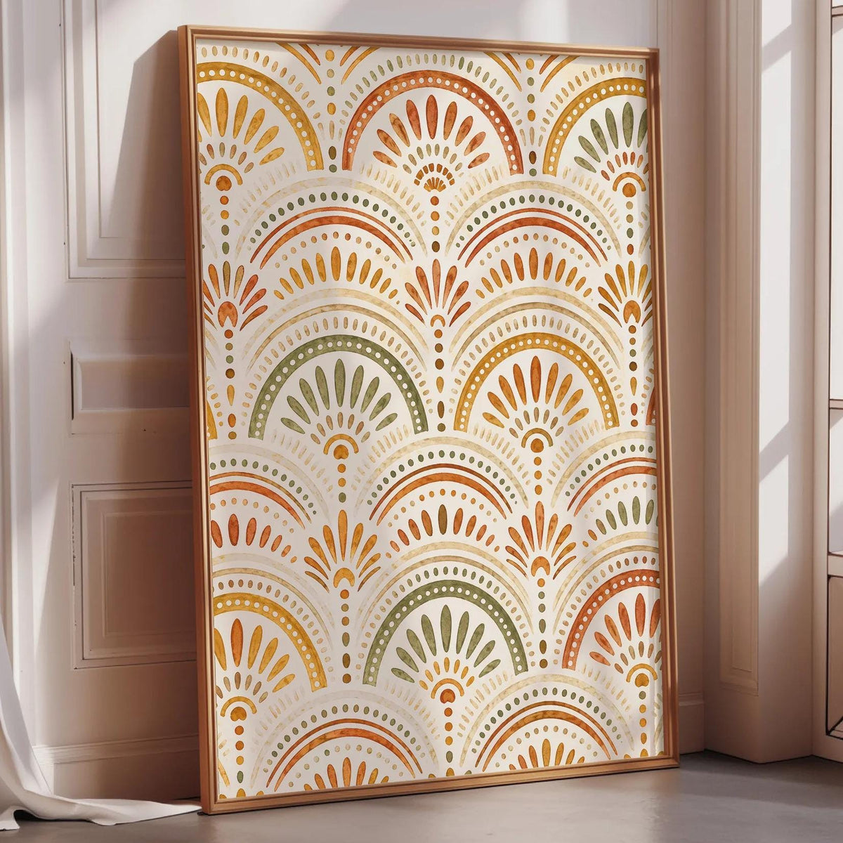 a large, framed poster with a repeating pattern of colorful, decorative elements, such as flowers or leaves, arranged in a visually striking and symmetrical design.