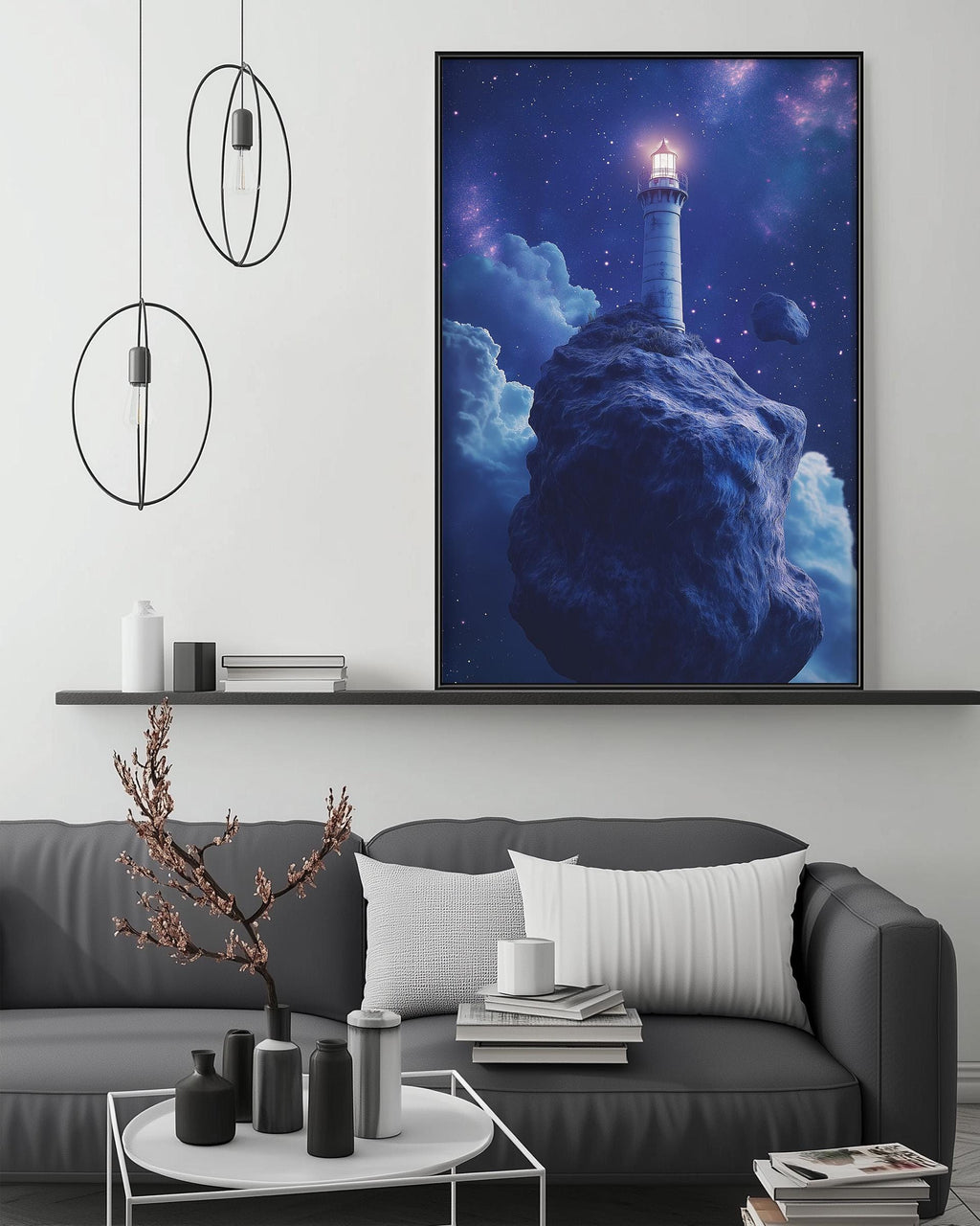 a large, colorful painting of a lighthouse on a rocky cliff, hanging on a wall above a gray couch with a coffee table in front of it.