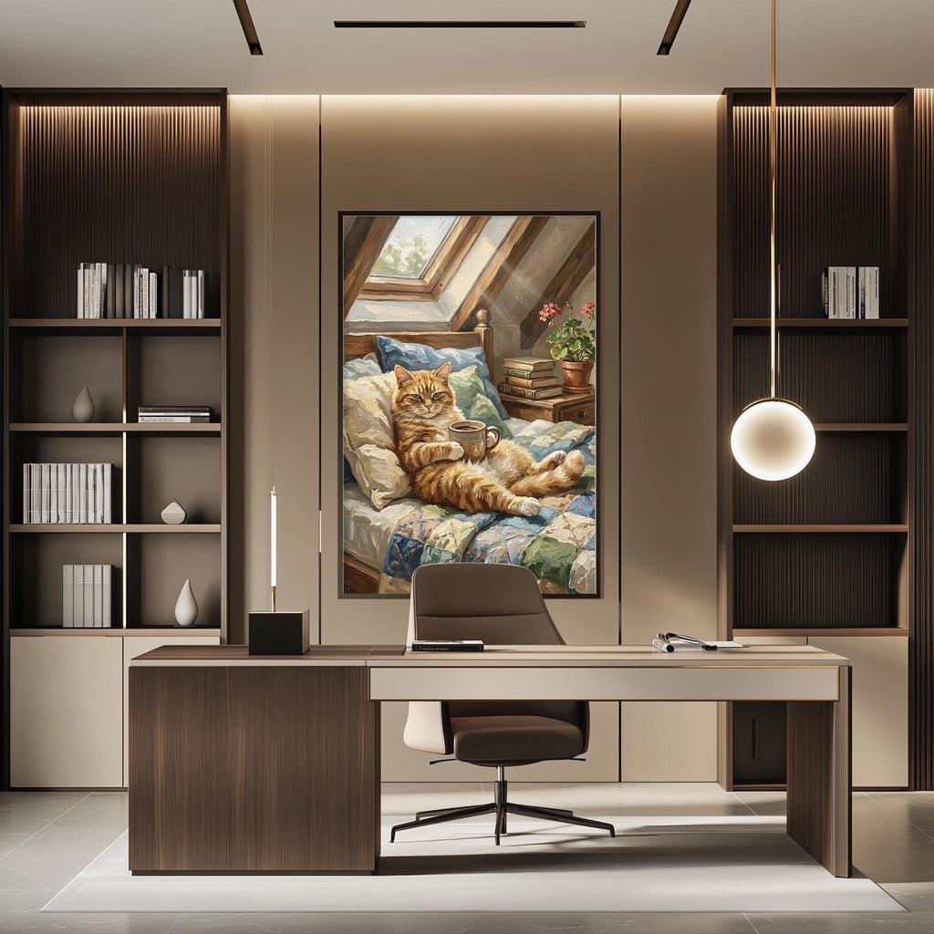 a modern office space with a large painting of a cat resting on a bed in the background. The office features a desk, chair, and bookshelves, creating a comfortable and functional workspace.