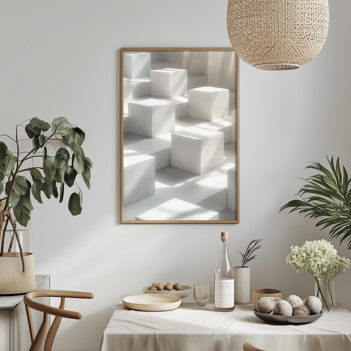 a minimalist dining room with a white tablecloth, a potted plant, a hanging light fixture, and a framed abstract artwork on the wall.