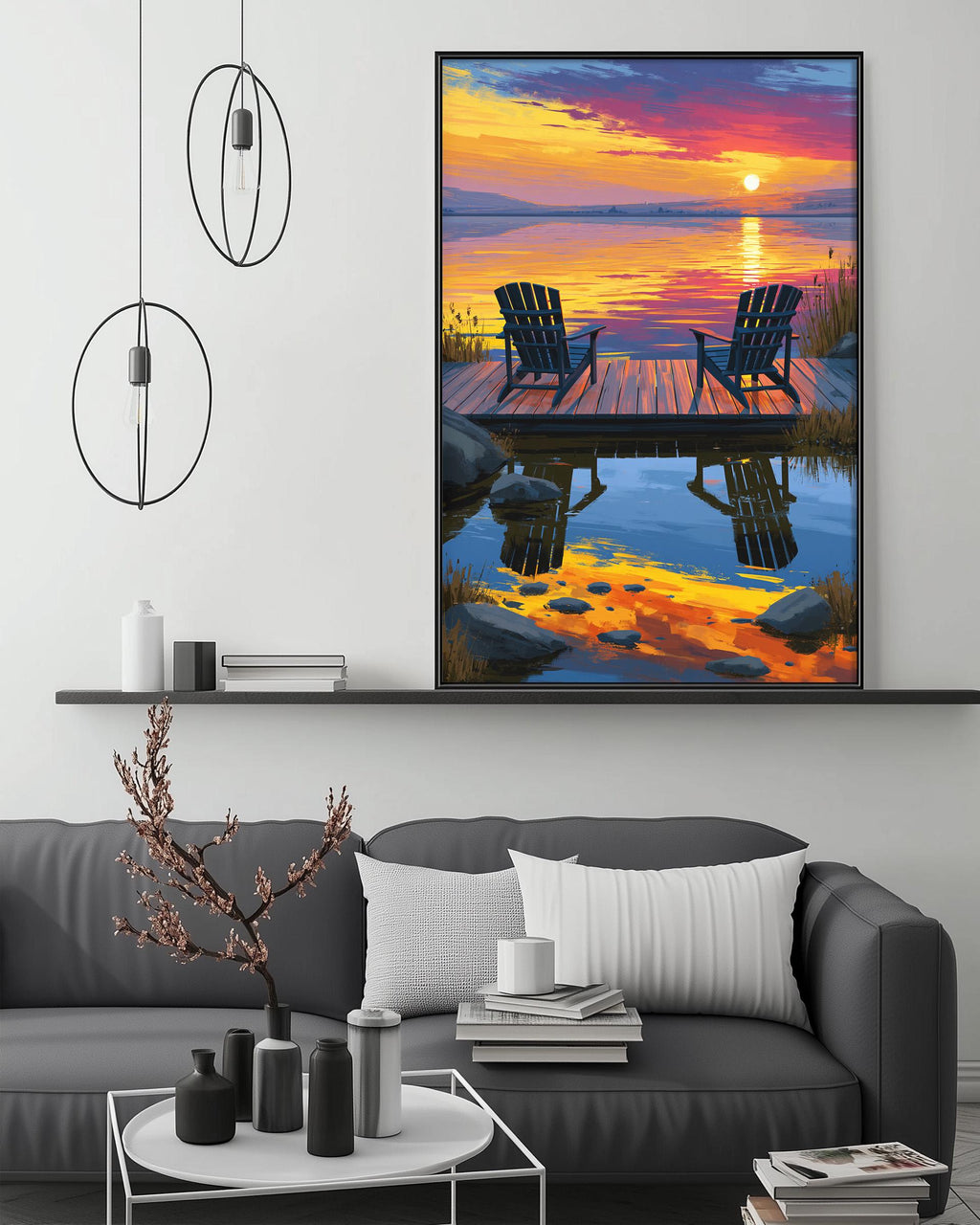 a large painting of a serene lakeside scene with a wooden dock and two chairs overlooking the water, set against a vibrant sunset sky.