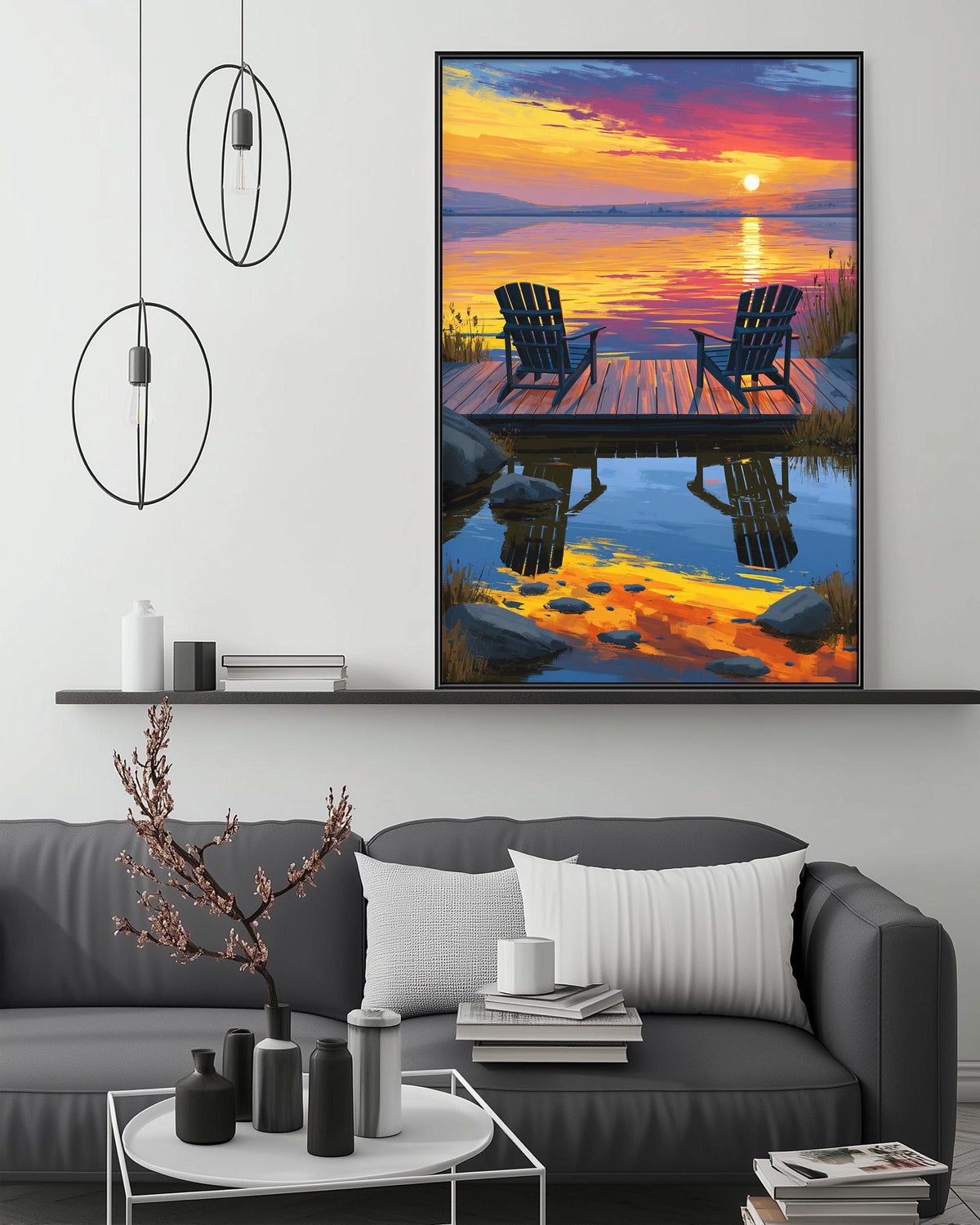 a large painting of a serene lakeside scene with a wooden dock and two chairs overlooking the water, set against a vibrant sunset sky.
