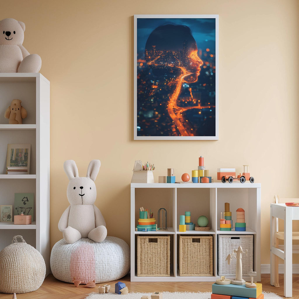 a child's bedroom with a large framed artwork of a woman's face on the wall, a white bookshelf filled with toys, and a white bean bag chair.