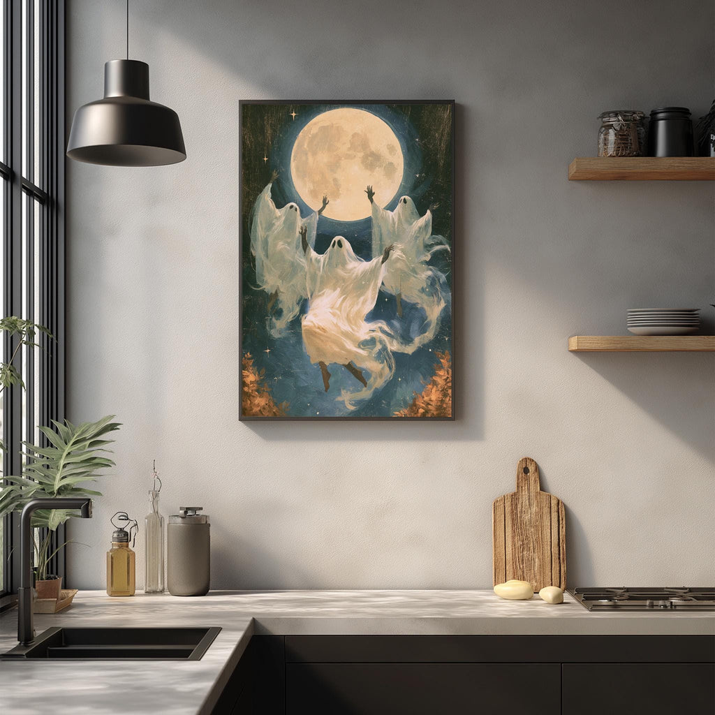 a large framed artwork depicting a ghost floating in the air with a full moon in the background, surrounded by a blue and orange color scheme.