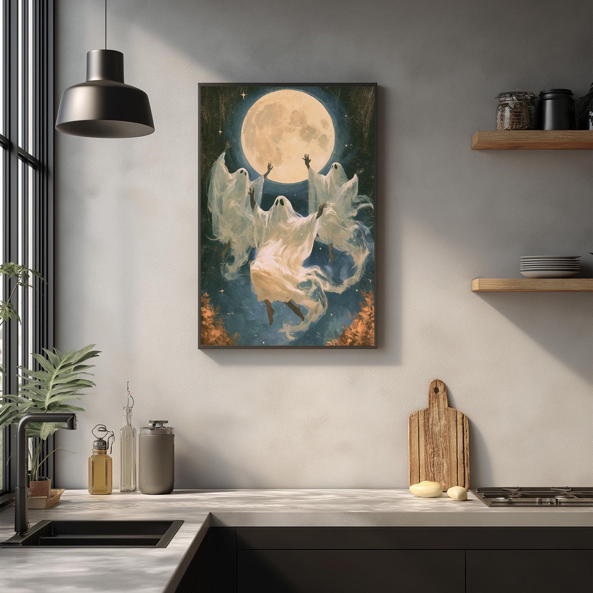 a large framed artwork depicting a ghost floating in the air with a full moon in the background, surrounded by a blue and orange color scheme.