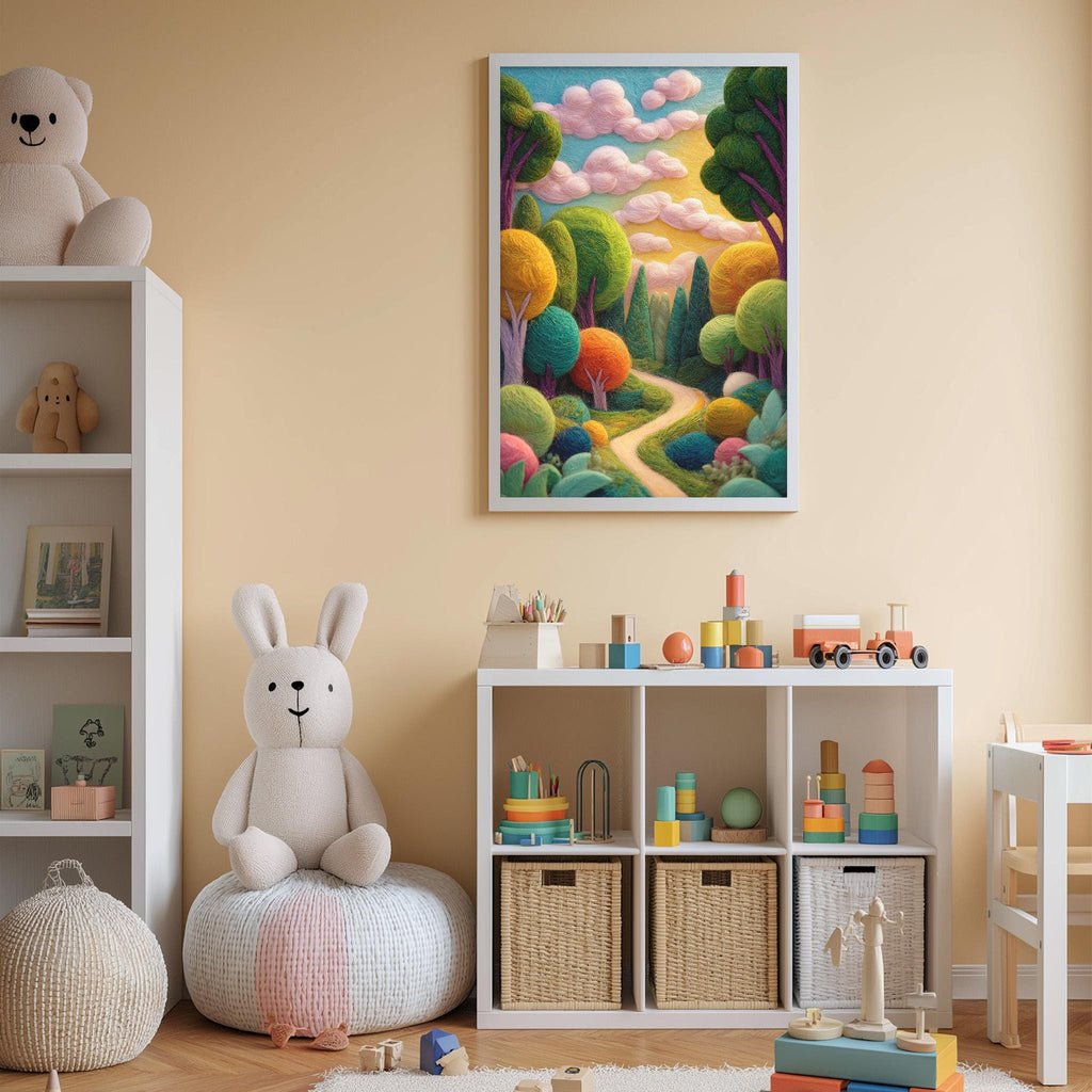A cozy children's room with a large painting of a colorful forest scene hanging on the wall, a white bookshelf filled with toys, and a plush rabbit sitting on a bean bag chair.