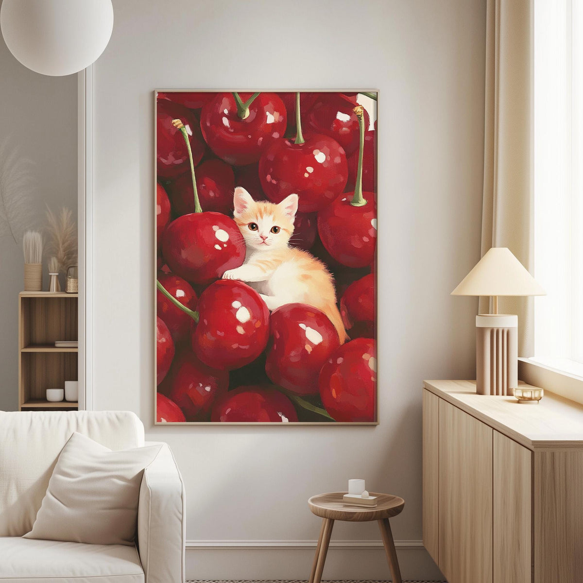 A cozy living room with a white sofa and a wooden side table. The wall features a large framed painting depicting a small orange and white kitten sitting among a pile of red cherries.